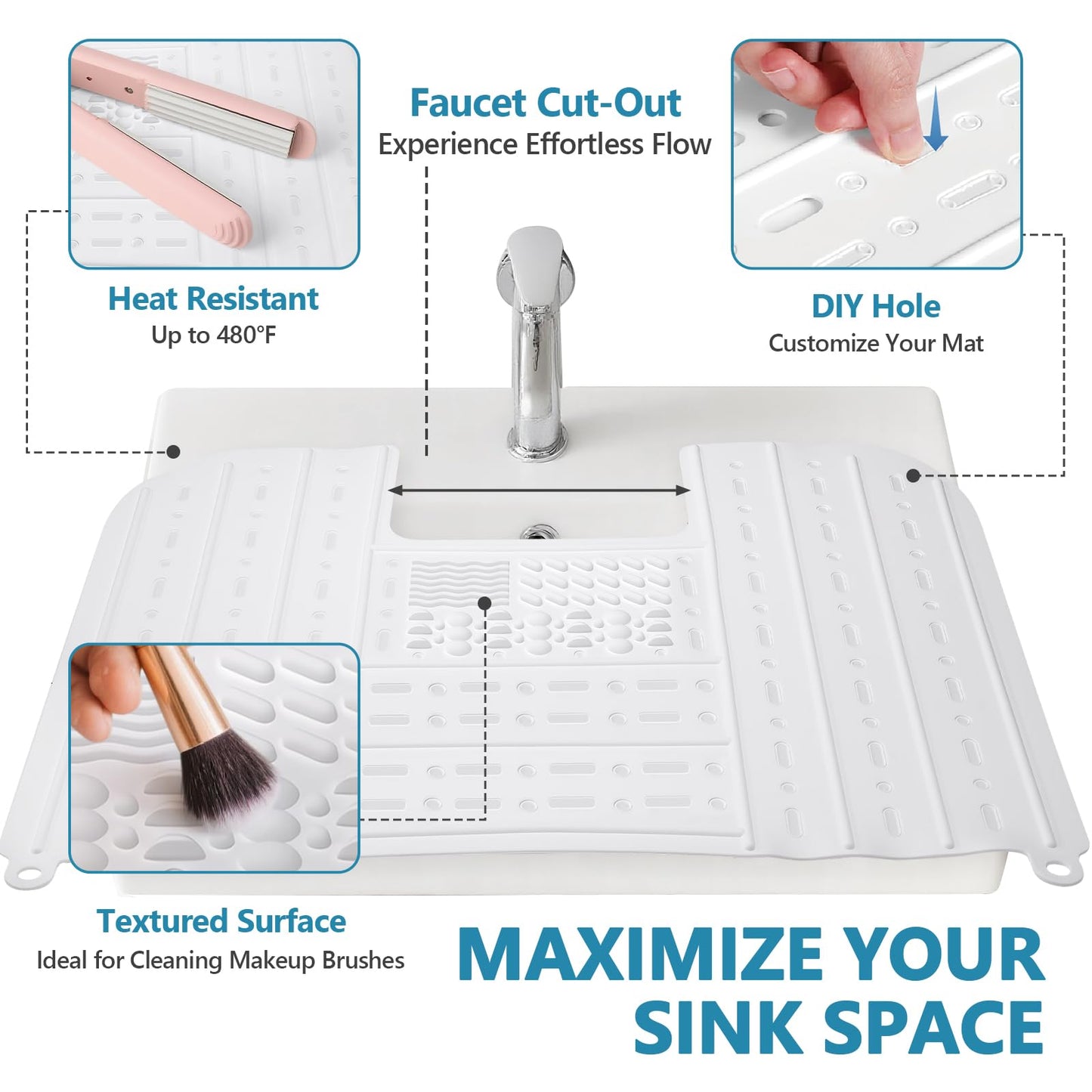 Johamoo Bathroom Sink Cover for Counter Space, Foldable Silicone Makeup Mat with Steel Frame Core for Hot Tools & Studio Hair Styling, Brush Cleaning Surface Beauty Gift for Women & Dorm, White