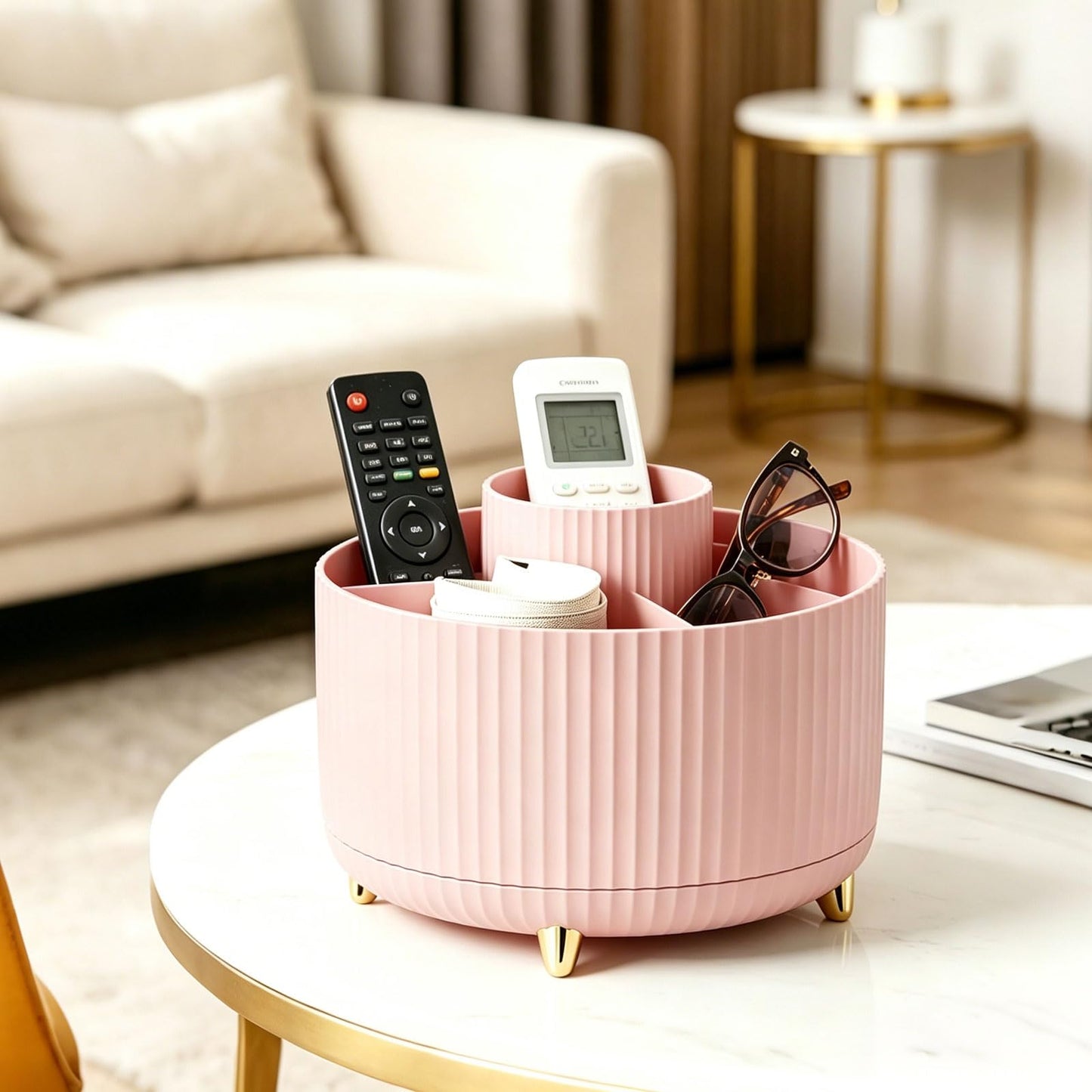 HJUHBDJ 360°Rotating Makeup Brush Holder Organizer, Pink Countertop Cosmetic Display Case, Spinning Skincare Storage Carousel for Vanity, Desktop & Bathroom
