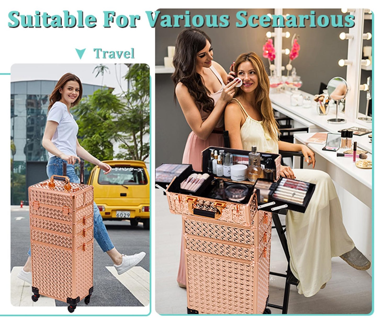 AROUS 5 in 1 Rolling Makeup Train Case Cosmetology Case on Wheels Large Cosmetic Organizer Travel Cart for Hairstylist Artist Nail Beauty Salon Barber,Gold