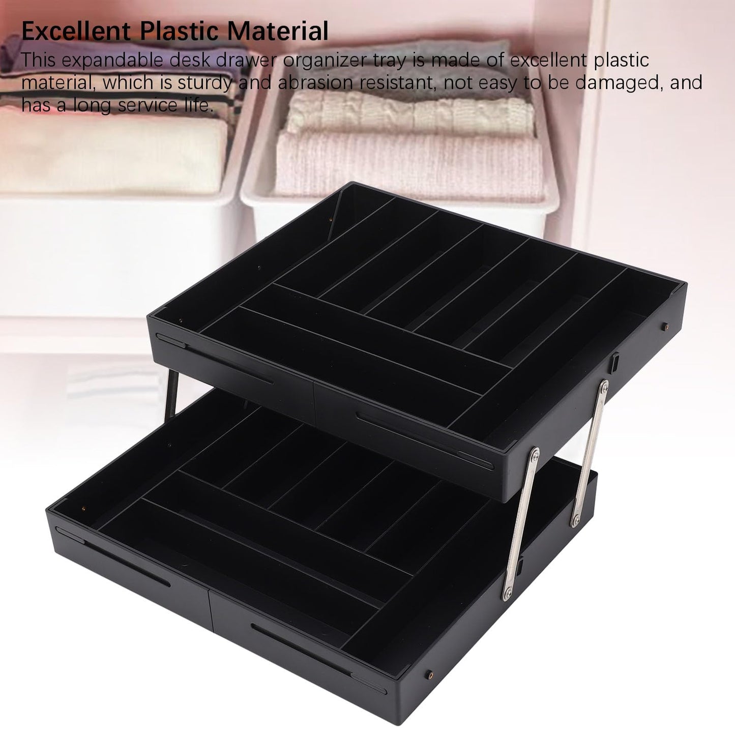 Extra Large and High Drawer Organizer, 2 Tier Smart Expandable Desk Organizer, Multi Level Junk Drawer Organizer for Makeup, Jewelry, Desk, Office Drawers (Black)