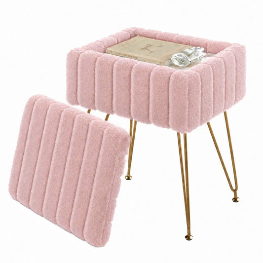 Garvee Vanity Stool with Storage, Faux Fur Ottoman with Metal Legs and Anti-Slip Feet, 15.7 x 11.8 x 18.7 Inches Soft Furry Padded Seat Foot Rest for Makeup Bedroom Living Room