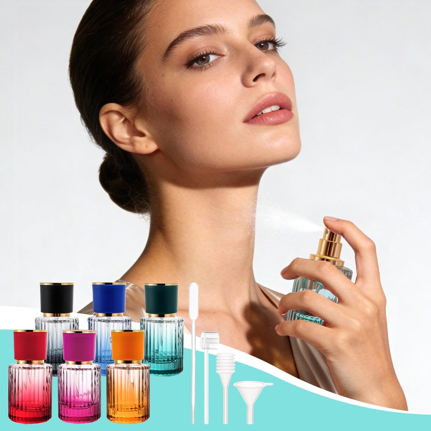 Lawei 6 Pack 30ml/1oz Refillable Perfume Bottles, Empty Small Glass Spray Bottles with 4 Kinds of Perfume Dispenser, Portable Travel Atomizer Bottle, Leak-proof Fragrance Containers for Men/Women