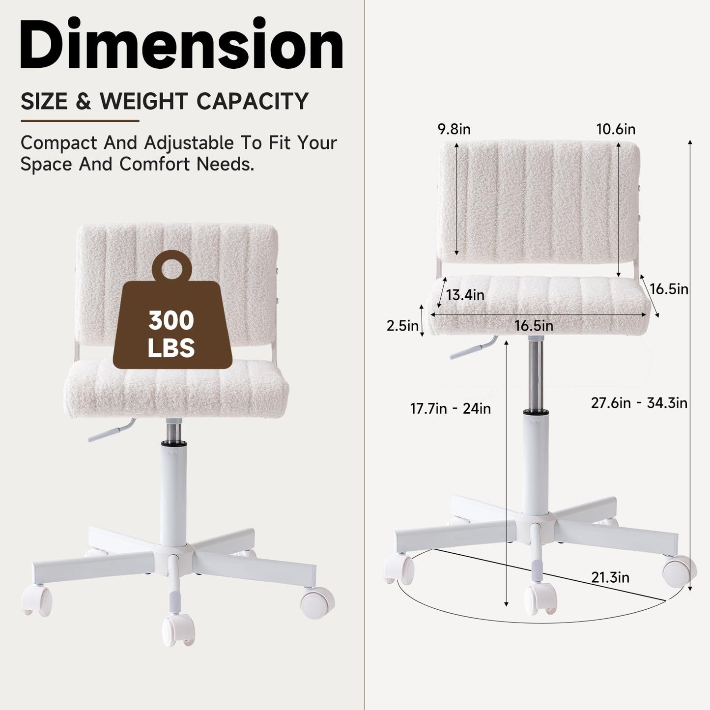 Manyday Office Chair Vanity Chair with Wheels, Comfy Small Desk Chair Vanity Chair with Back, Cute Teddy Armless Adjustable Swivel Chair for Bedroom Home Computer Task, White
