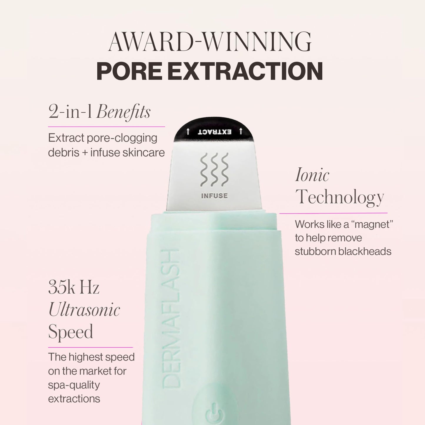 DERMAFLASH DERMAPORE+ Skin Care Device, Ultrasonic 2-in-1 Pore Extractor and Skincare Infuser, Seafoam