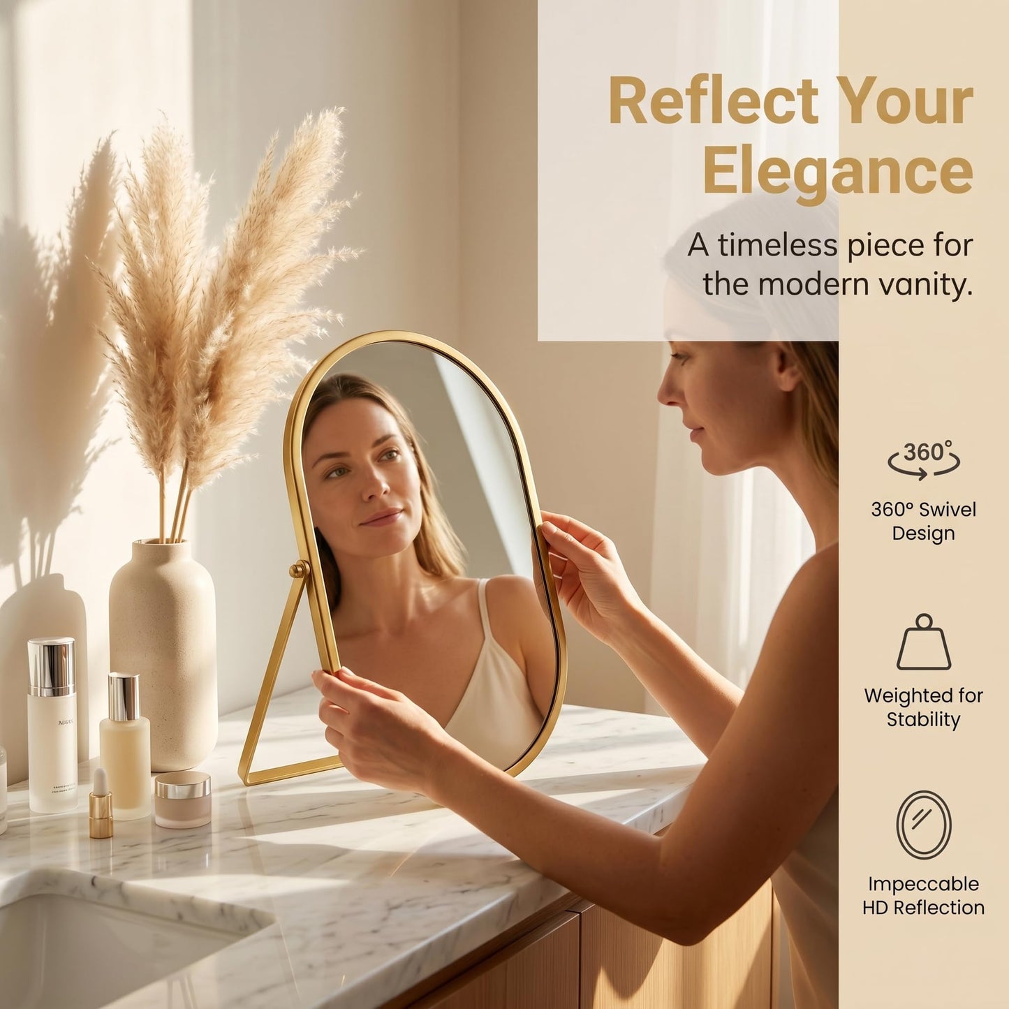 yxyzylzrx Gold Oval Vanity Mirror, 360° Rotation 180° Tilt Adjustable Desktop Makeup Mirror with Metal Frame, Decorative Standing Mirror for Bedroom, Bathroom, Living Room