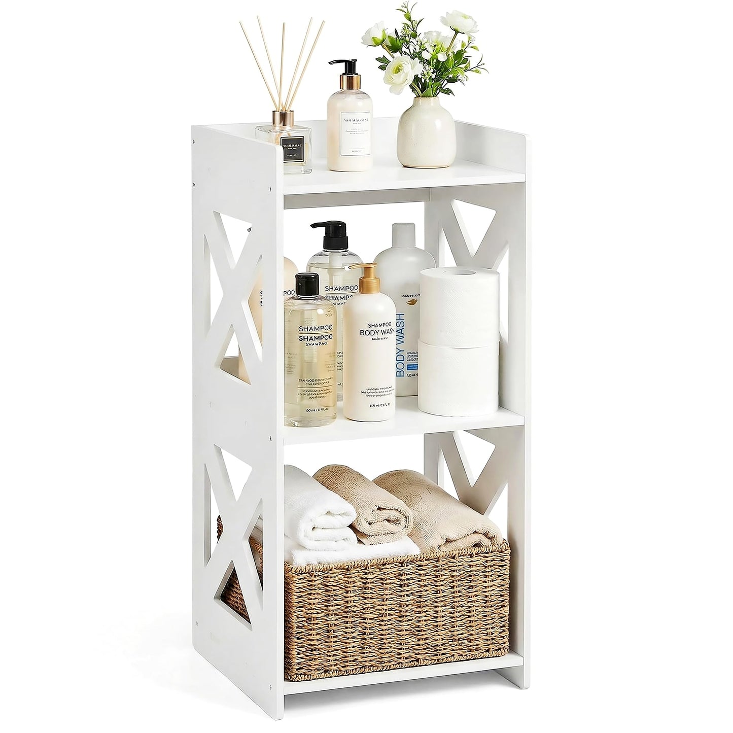 FONHAYE Small Bathroom Storage Corner Shelf, Waterproof PVC Narrow Floor Stand, Slim Gap Filler Organizer for Toilet Side, Laundry Room, Shower, Kitchen Spice Rack, White Restroom Holder (3-Tier)