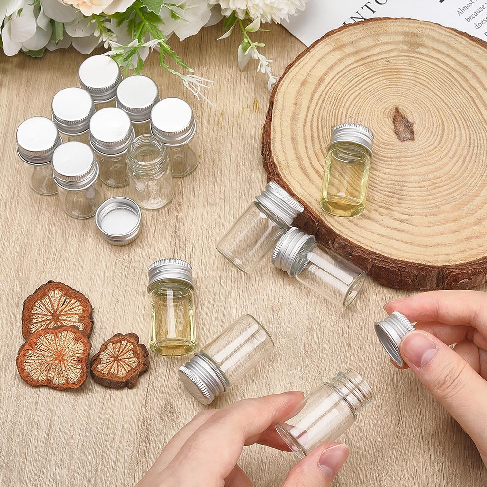 DELORIGIN 50 PCS Mini Glass Bottles 8ml/0.3oz Tiny Glass Vials with Screw Aluminum Cap Leak Proof Clear Empty Lab Jars Containers Sample Vials with Lids for DIY Craft Essential Oil Small Items Storage