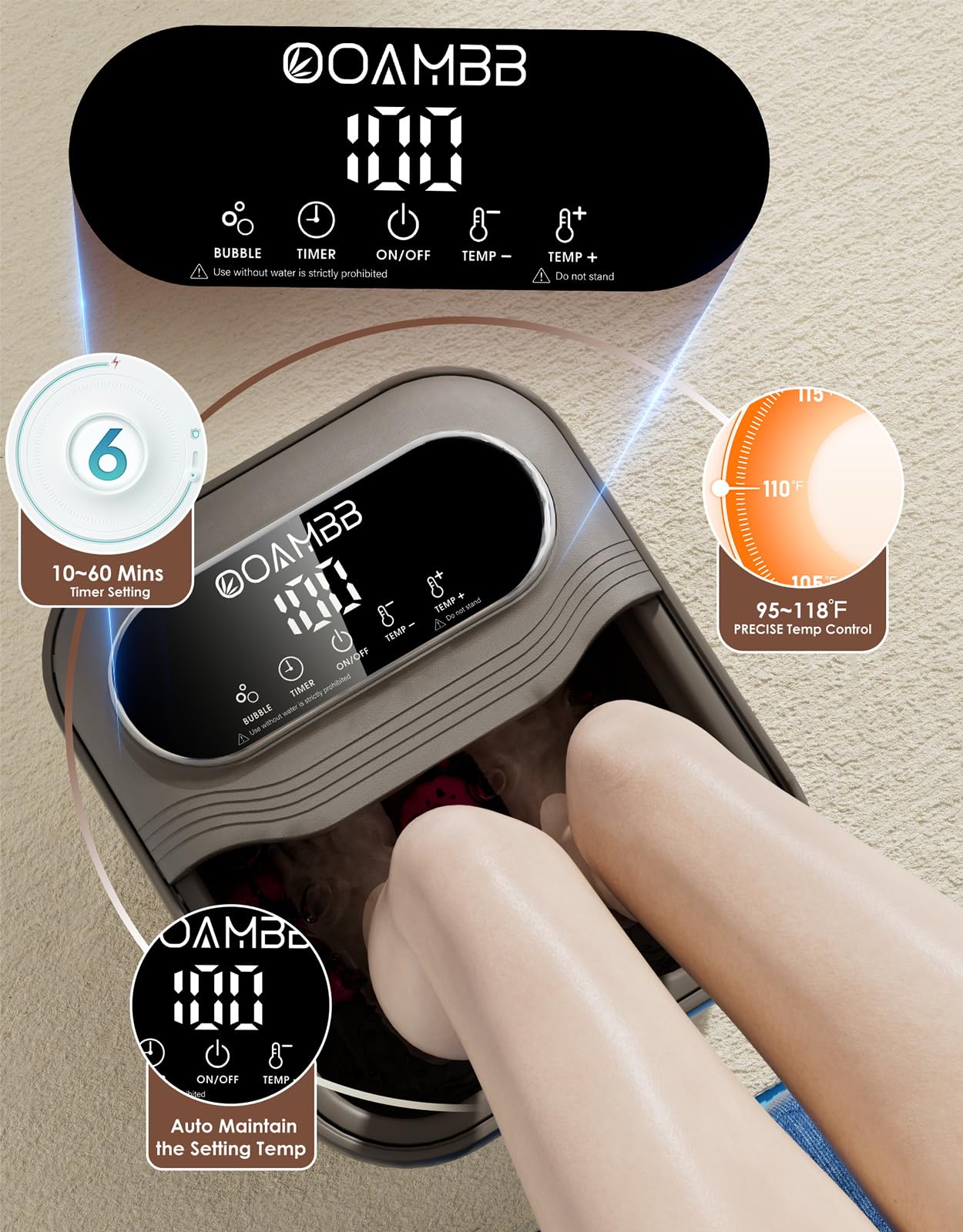 OOAMBB Collapsible Foot Spa with Heat, Bubble and Temp Control, Foot Bath Massager with XL Touch Screen and Massage Rollers, Foot Soaking Tub, Pedicure Foot spa for Stress Relief (Grey)