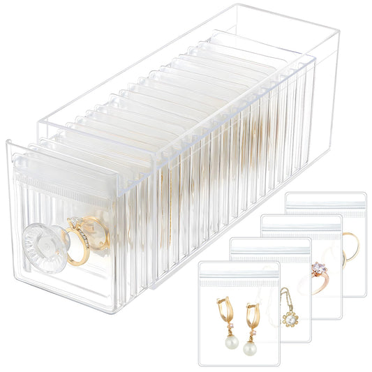 HOMEHIVE Clear Acrylic Jewelry Organizer Box with 20 Portable Pouches, Jewelry Storage Case for Women Girls, Tangle-Free, Anti-Tarnish, Compact Storage for Necklaces/Earrings/Rings, Upgraded Clear