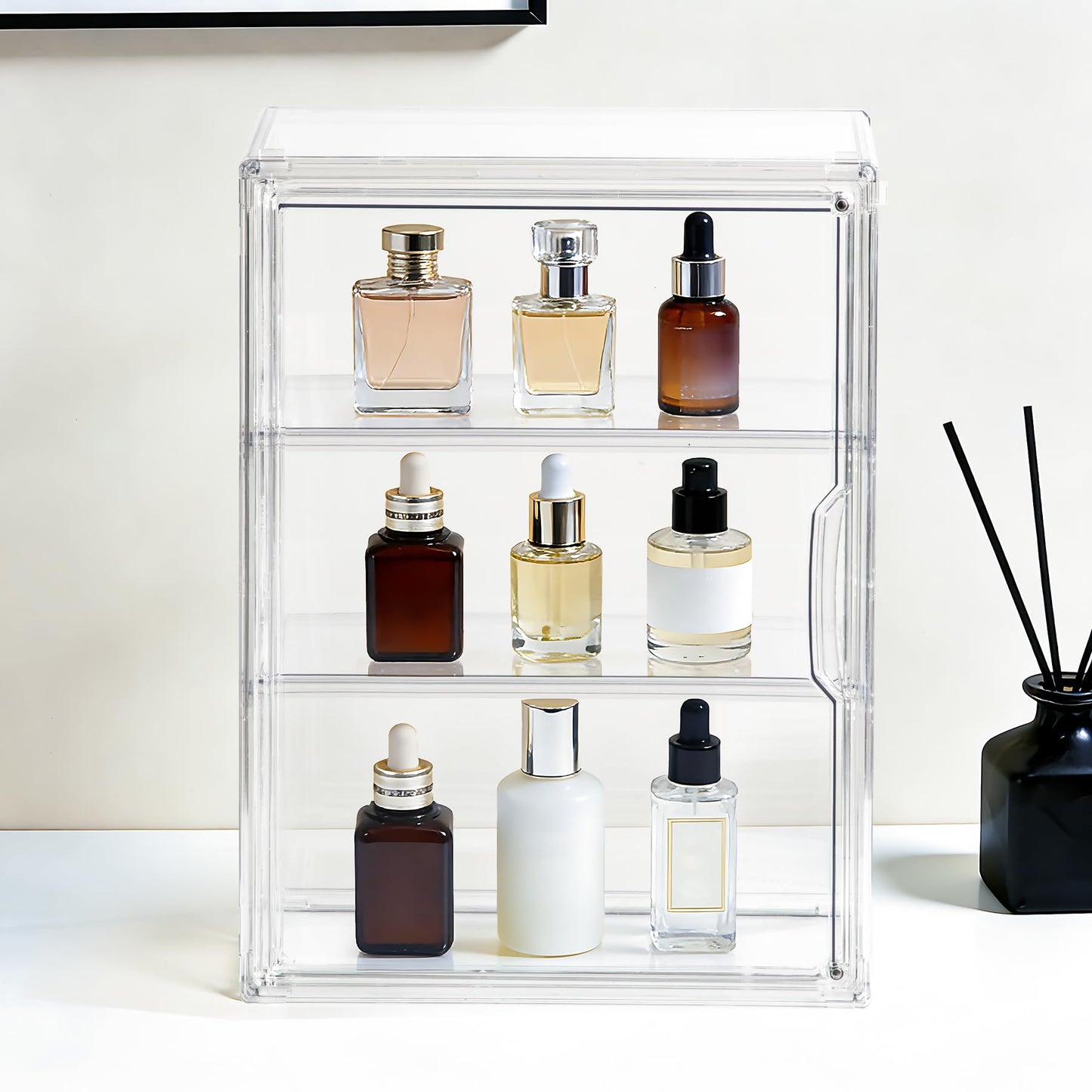1 Pack ﻿3-Tier Clear Acrylic Display Case Wall-Mounted & Stackable Organizer with Magnetic Door, Dustproof Storage Cabinet for Collectibles Handmade Models (1, 10.6"(L) x 5.1"(W) x 14.2"(H))