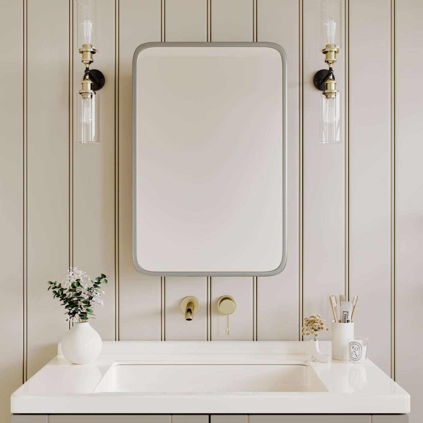 AGDULL Vintage-Style Bathroom Medicine Cabinet, Surface Mount or Recessed, Wood Wall Cabinet with Brushed Nickel Metal Frame Curved Mirror, Overall 16.5" W x 24" H