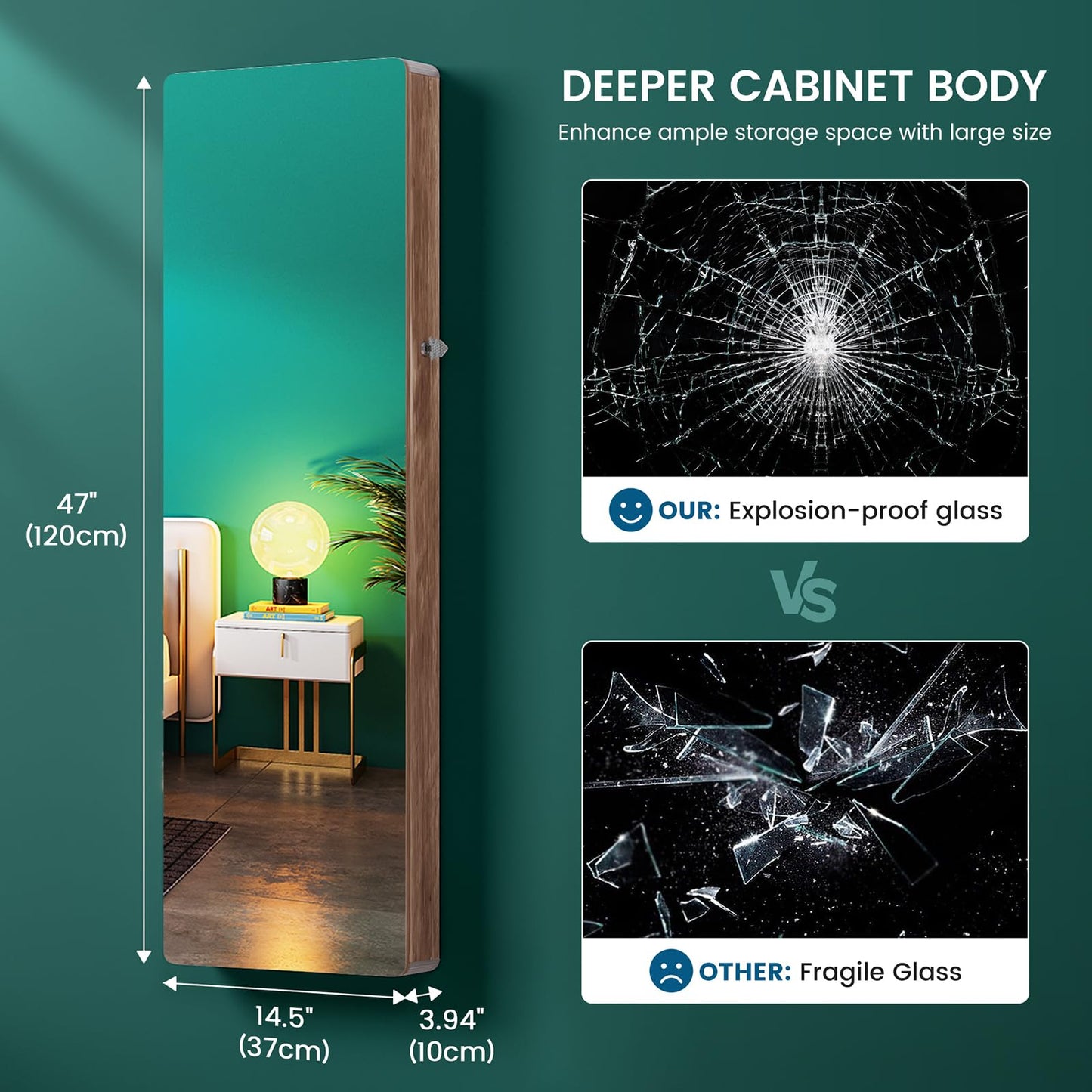 HNEBC Full Length Mirror with Storage, Wall Mounted Jewelry Cabinet with Lights, Lockable Over Door Jewelry Organizer with Drawer, Foldout Makeup Tray 47.2" Hx14.5 Wx3.9 D,Natural