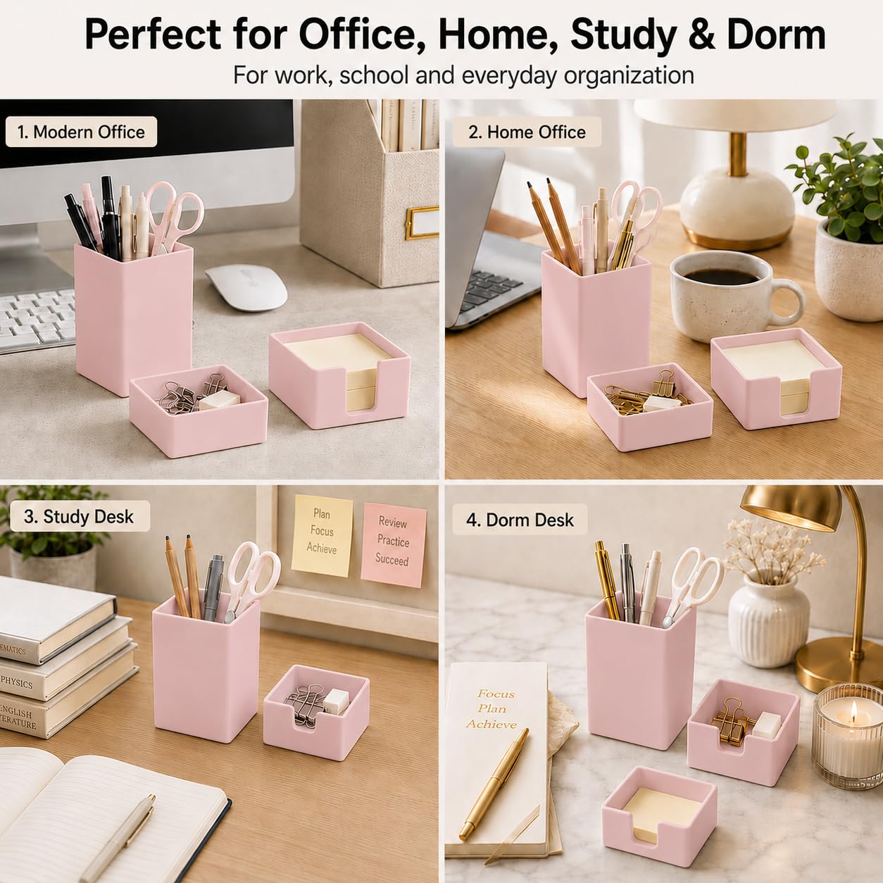 minimaliving Aesthetic Silicone Desk Organizer Set of 3,Modern Office Desk Accessories with Pen Holder,Paperclip Tray,Sticky Note Holder,Stylish Functional Office Desk Decor for Back-to-school(Pink)