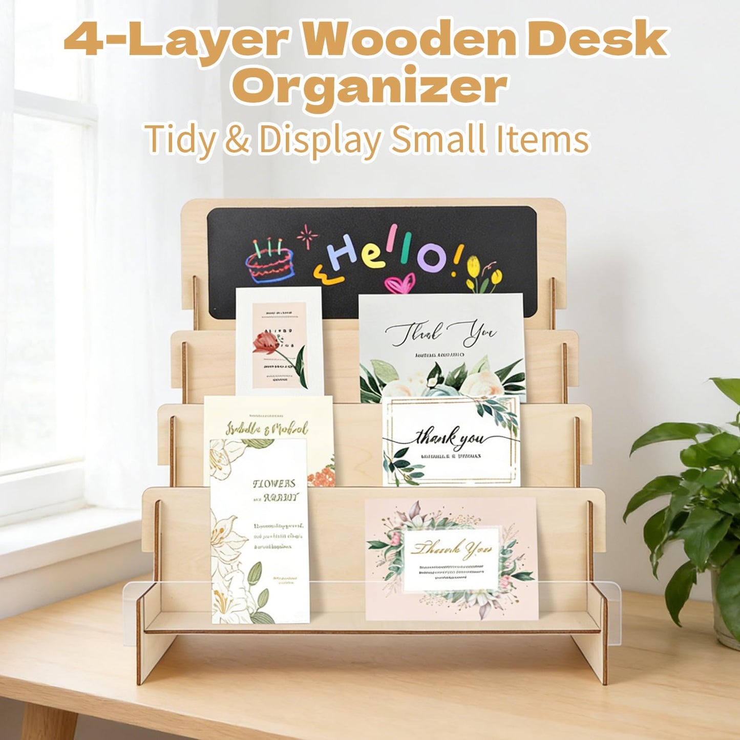 Wooden Greeting Card Display Stand - 4-Tier DIY Customizable Chalkboard Top Sticker Organizer Rack, Tool-Free Assembly Countertop Holder for Party Decor, Holiday Cards, Small Gifts & Home Decor