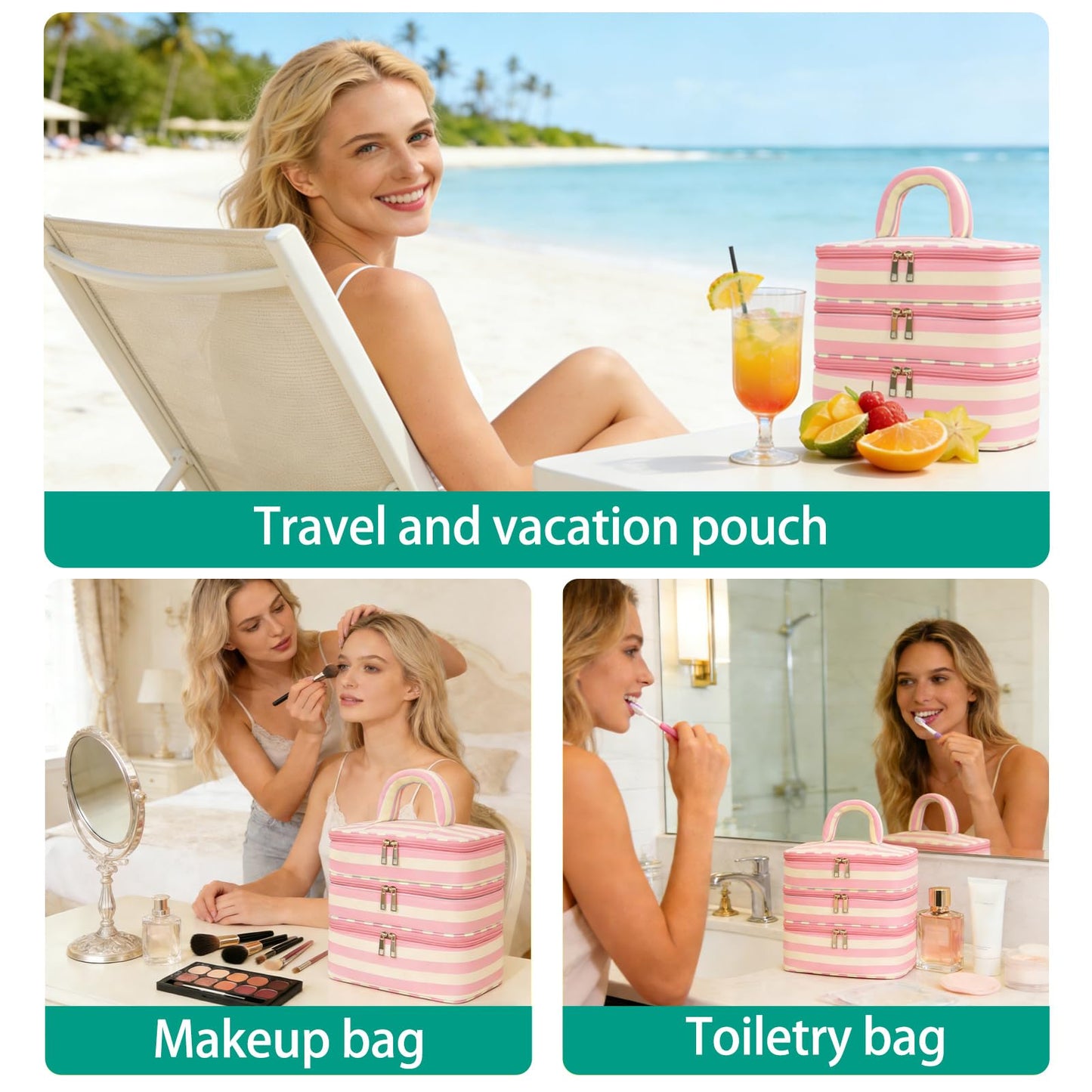 Apxouans Three Layer Makeup Bag for Women Fashion Stripes Cosmetic Bag Preppy Style Travel Water-Resistant Toiletry Bag for Storage Toiletries Cosmetics Sets for Women Teen Girls Pink