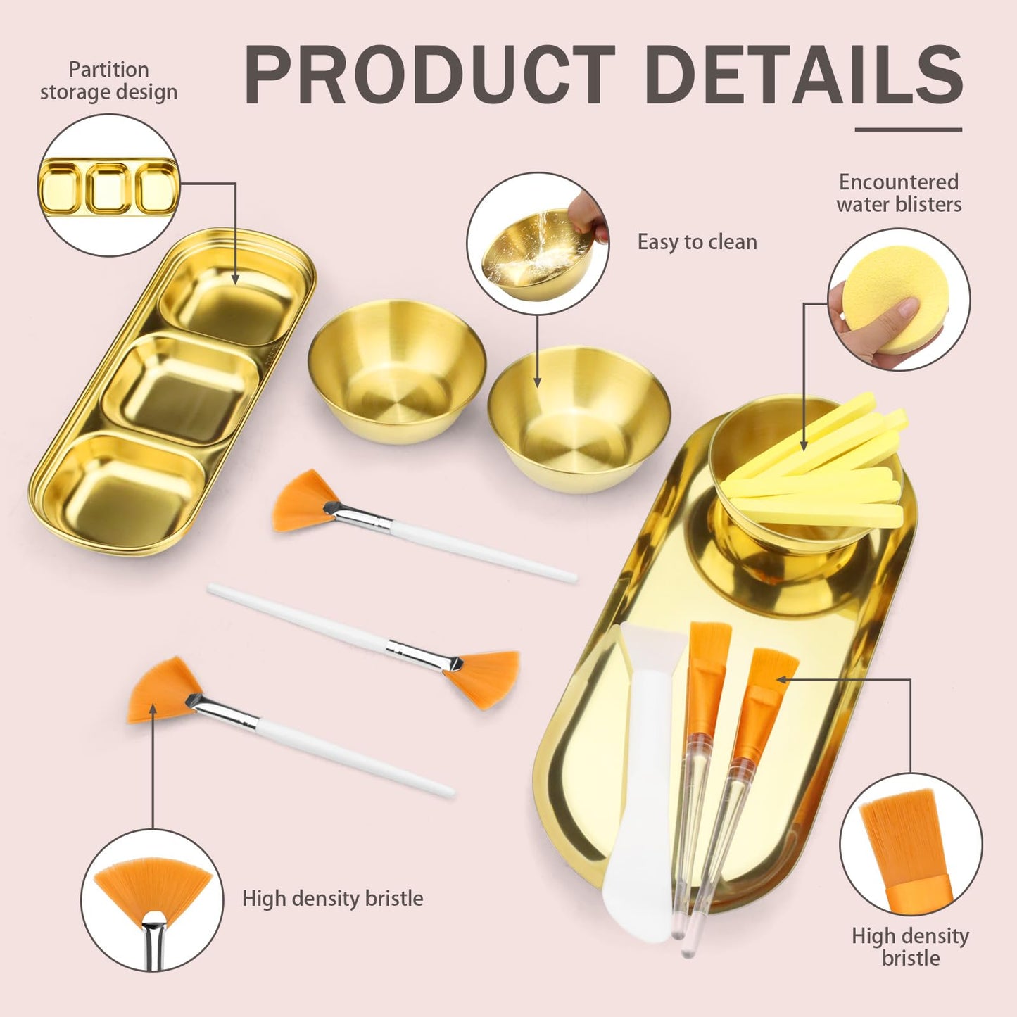24 Pieces Facial Bowls and Brushes Set for Esthetician Supplies, Flat & Fan Brush for Facial with Mixing Bowls, Serving Tray, Spatula & Compressed Sponge, Face Applicator Tool (Gold, White and Yellow)