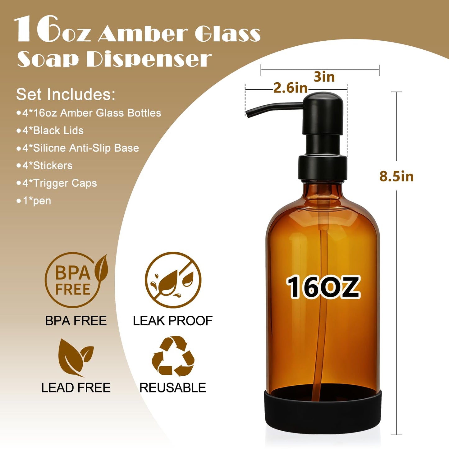 16oz Amber Glass Soap Dispenser Set of 4,Brown Glass Pump Bottles for Bathroom Kitchen,Bathroom Kitchen Hand and Dish Soap Dispenser Set,Modern Brown Soap Dispensers Bottles