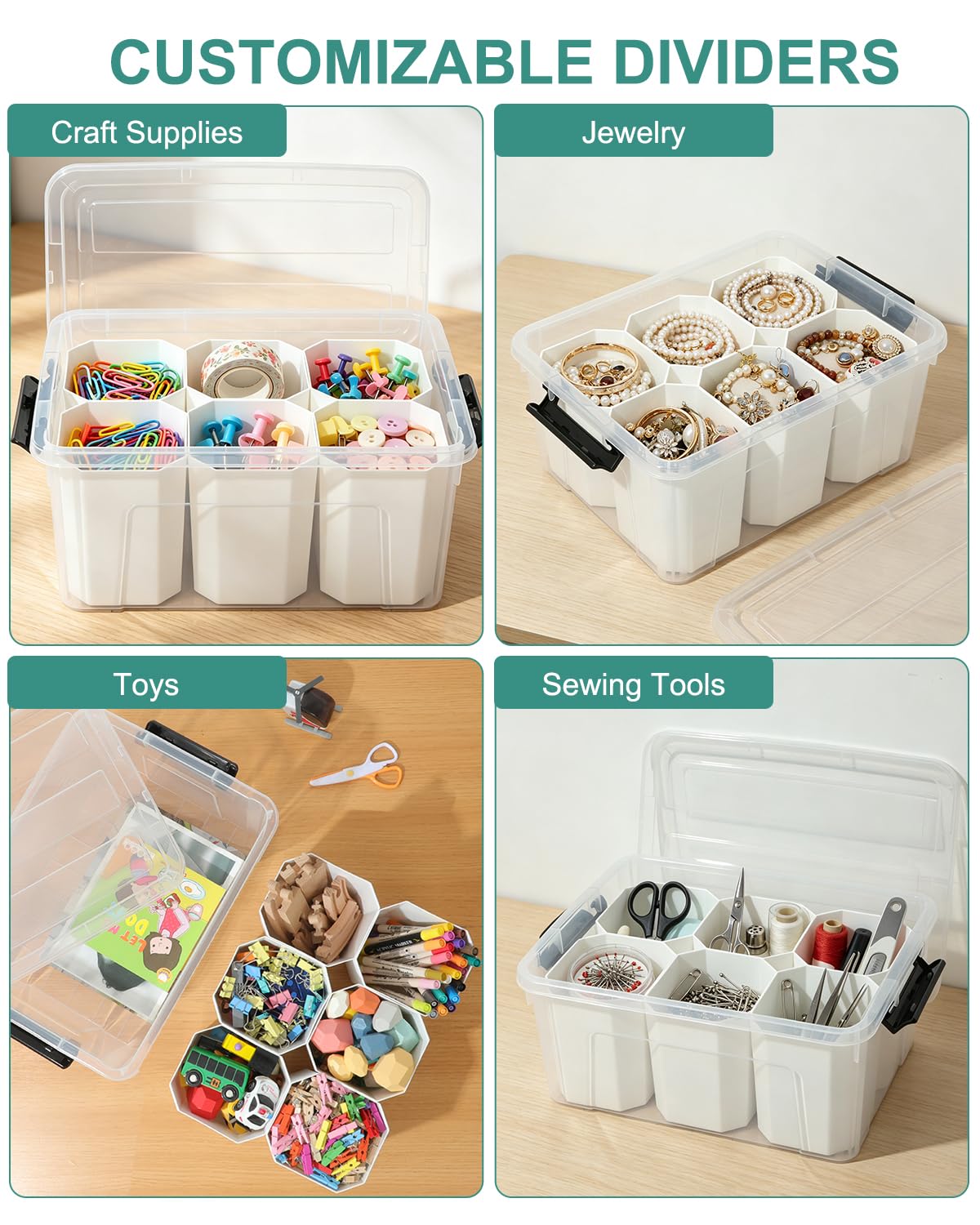 EOENVIVS Clear Storage Tote with 6 Tall Inserts, Stackable craft organizers and storage Box, Plastic Storage Bins with Lids and Handles for Crafts, Jewelry & Sewing, Art Supplies, Markers, Pens