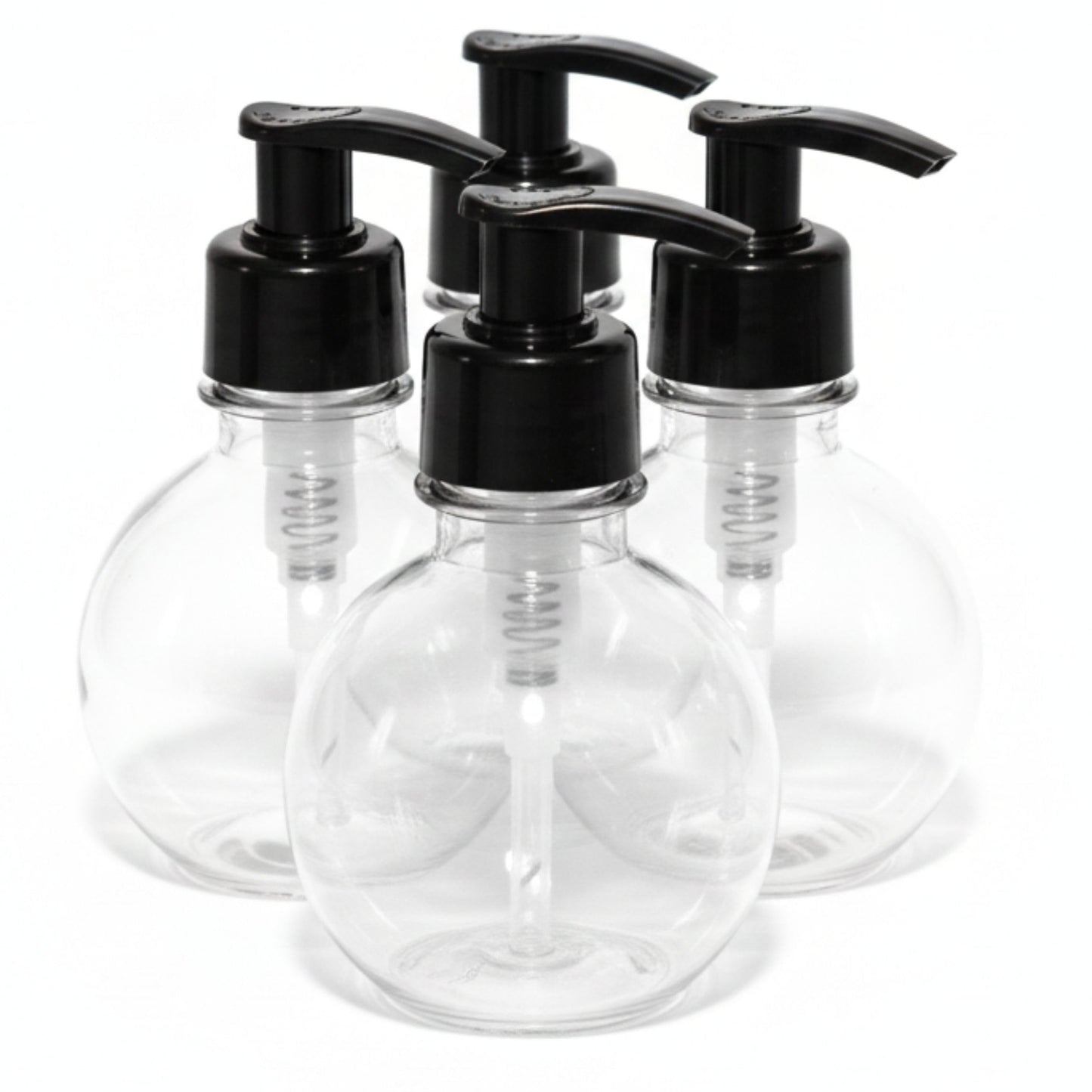 MOXMAR Pack of 4 Clear PET Round Bottles 6.7 fl oz with Black Cream Pump + 2 Funnels - Refillable Plastic Dispenser Bottles for Lotion, Liquid Soap (4, Transparent Bottle + Black Pump, 6.7 fl oz.)