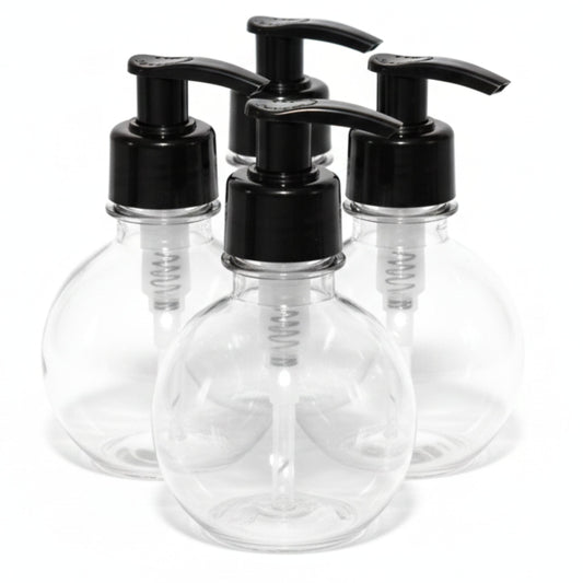 MOXMAR Pack of 4 Clear PET Round Bottles 6.7 fl oz with Black Cream Pump + 2 Funnels - Refillable Plastic Dispenser Bottles for Lotion, Liquid Soap (4, Transparent Bottle + Black Pump, 6.7 fl oz.)