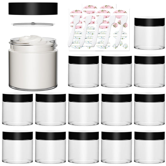 Clear Glass Jars with Lids 4 oz - 15 Pack,120ml Empty Glass Cosmetic Jars with Inner Liners and Black Lids,Refillable Round Glass Containers for Lotions,Ointments,Bath Salts and Travel Use