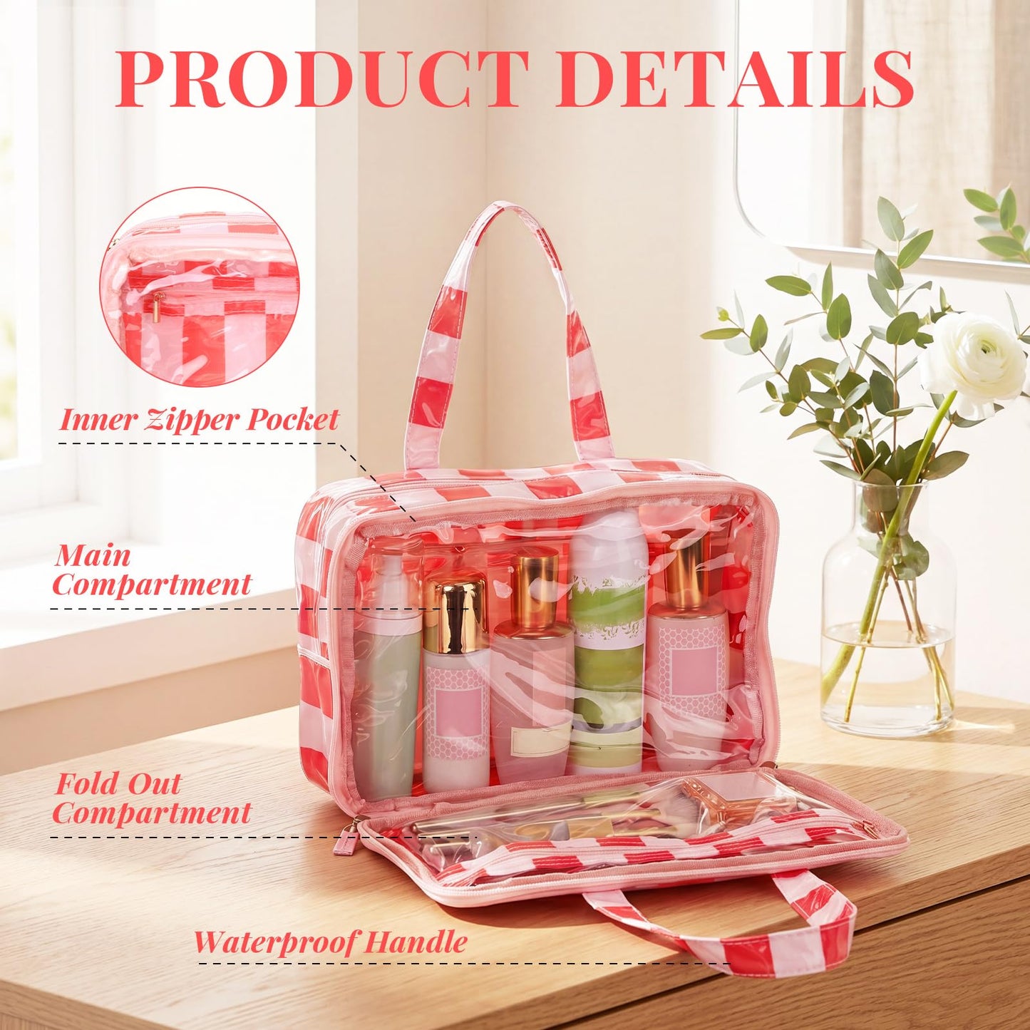 SilTriangle Travel Toiletry Makeup Bag for Women, Striped Waterproof Polyester Cosmetic Bag with Handle, Portable Organizer Case with Fold-out Compartments for Skincare, Conditioner, Brushes(Orange)