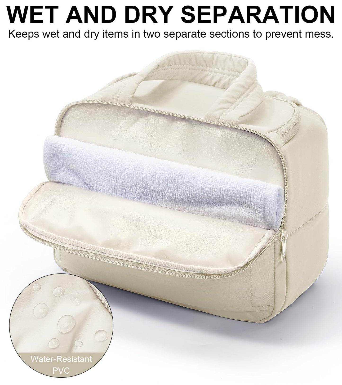 Bagstellar Travel Toiletry Bag for Women, Lightweight Large Quilted Puffy Makeup Bag Wide-open Make up Organizer Cloud Cosmetic Bag w/Handle for Traveling Toiletries, Essentials, Accessories, Beige