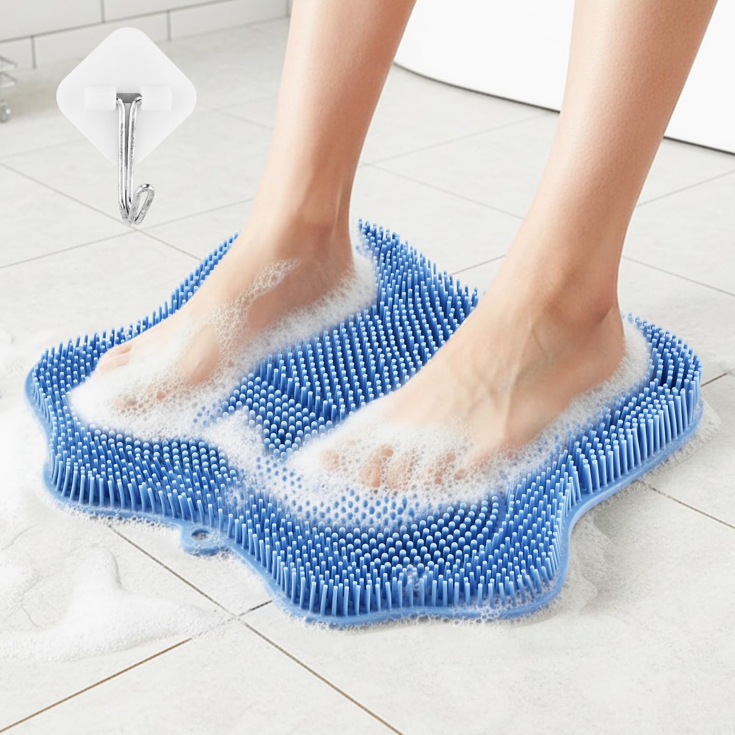Shower Foot Scrubber Mat with Non-Slip Suction Cups & Hook,to Wall Mounted Back Scrubber Brush Mat,3 Type Brush Designs,for Deep Cleaning Shower Back Or Foot Exfoliating Massage