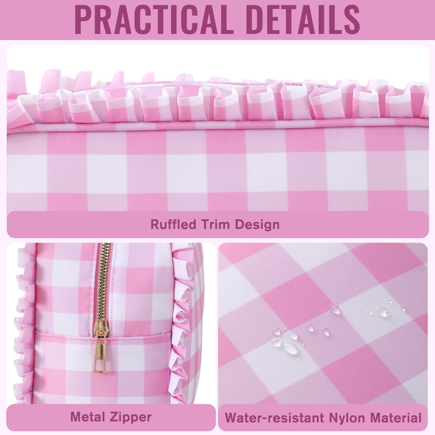 EMBRUNIOICE Gingham Ruffle Makeup Bag,Large Travel Cute Cosmetic Bag for Women Girls,Toiletry Bag Make up Organizer 10.8 x 4.5 x 8 inch (Pink Gingham)