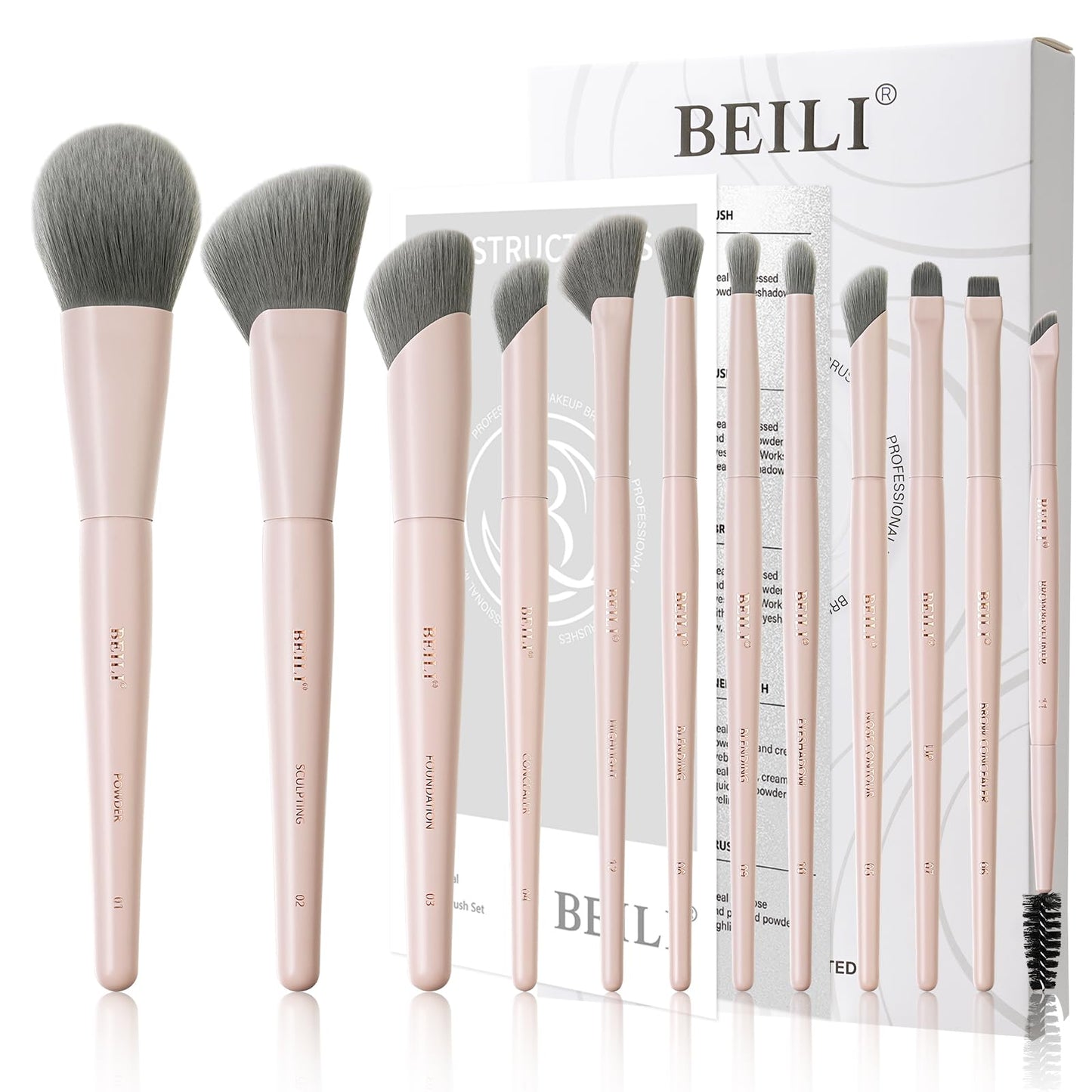 BEILI 12 Pcs Pink Professional Makeup Brush Set, Dense Synthetic Brushes for Foundation, Powder, Contour & Eye Blending, Complete Full Face Cosmetic Brush Kit with Elegant Storage