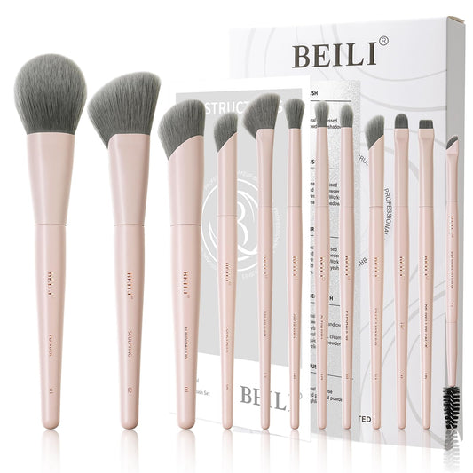 BEILI 12 Pcs Pink Professional Makeup Brush Set, Dense Synthetic Brushes for Foundation, Powder, Contour & Eye Blending, Complete Full Face Cosmetic Brush Kit with Elegant Storage