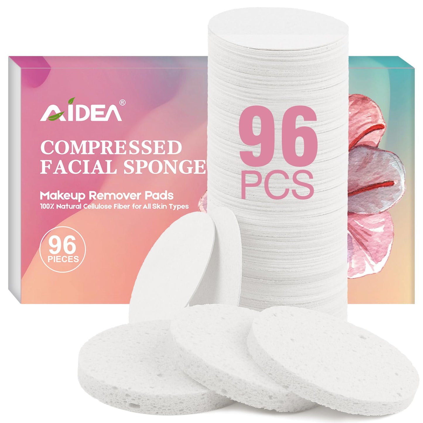 AIDEA Compressed Facial Sponges 96Count White, Round, Face Sponges for Cleansing, Travel Essentials, Natural Cellulose Cosmetic Makeup Sponge for Facial Cleansing, Exfoliating, Makeup Removal