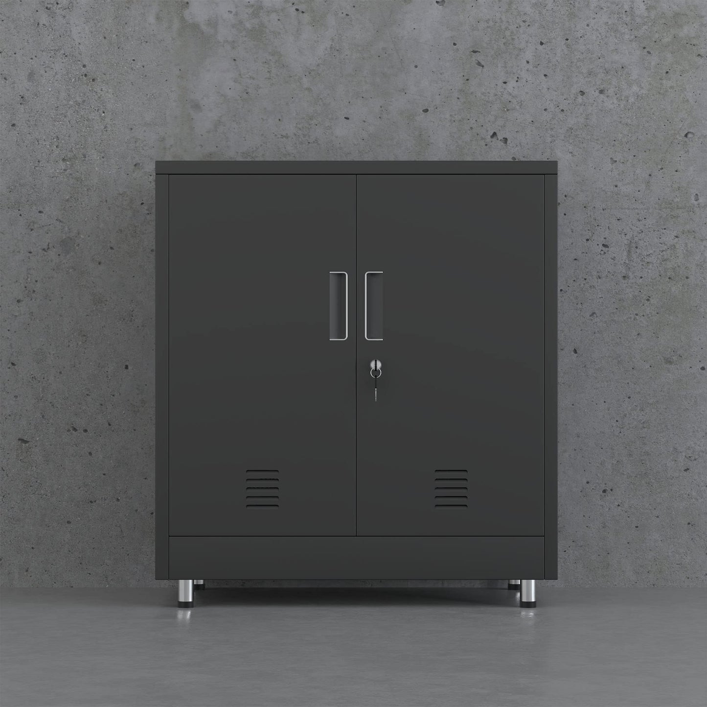 JINGUR Metal Storage Cabinet with Locking Doors and Adjustable Shelf, Small Lockable Sideboard Buffet Cabinet for Home Office Hallway Entryway Living Dining Room (Black)
