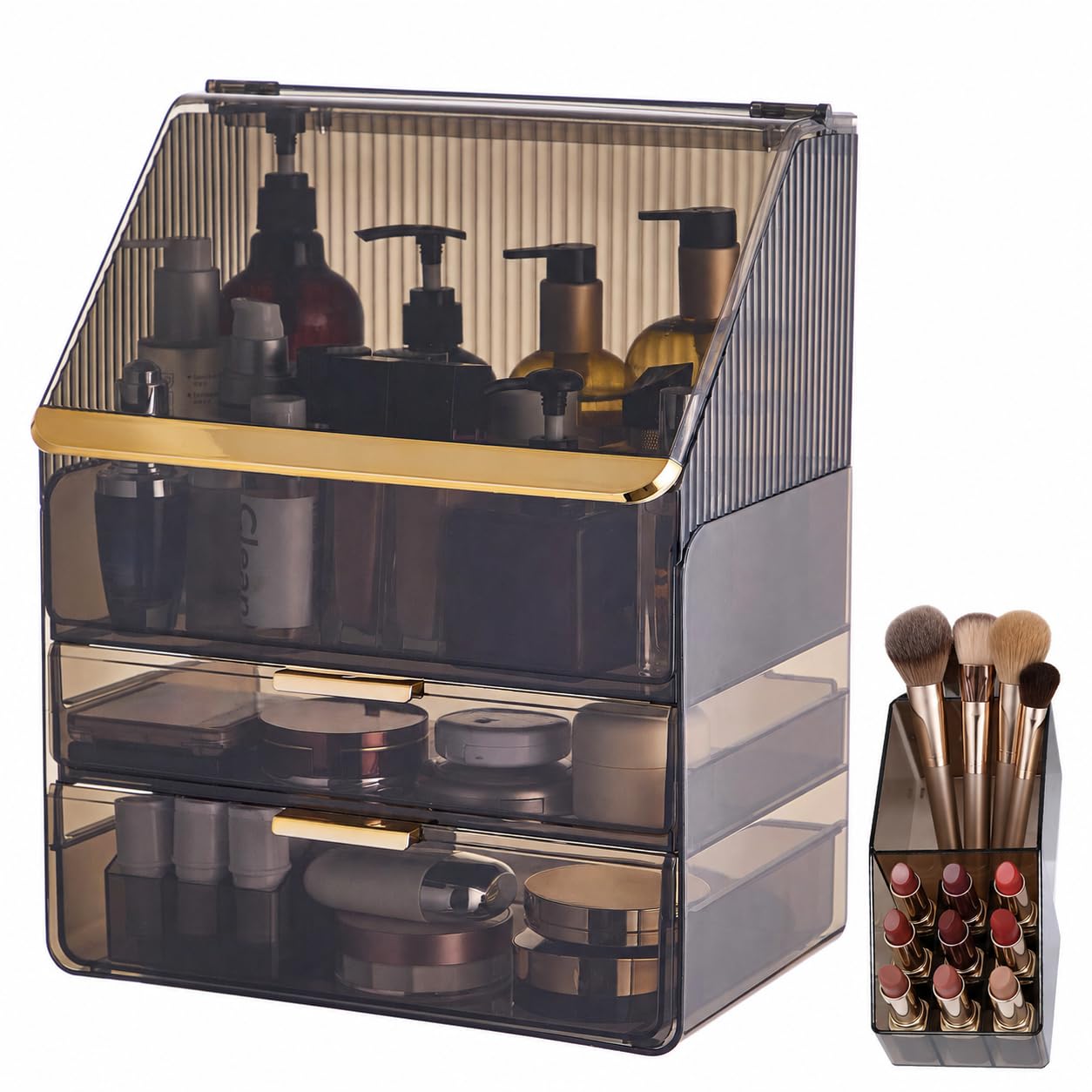 Large 3-Tier Makeup Organizer with Drawers and Lipstick Holder, Dustproof Waterproof Skincare Storage Box for Bathroom Countertop, Vanity Cosmetic Organizer,Clear Black