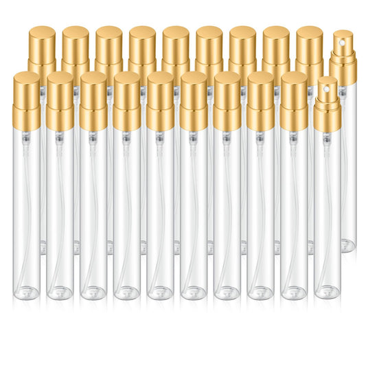 Jxcmeng 20Pcs 10ml Empty Clear Glass Mist Spray Bottle Refillable Mini Perfume Atomizer Travel Sample Bottle with Golden Aluminized Nozzle Makeup Container for Perfume (10ml Gold Caps)