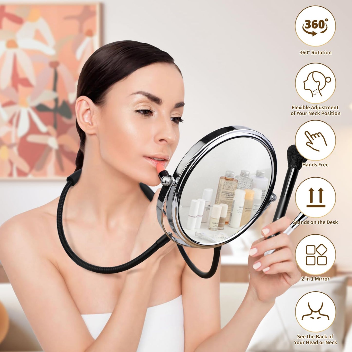 Double-Sided Mirror to See Back of Head, Hands Free Adjustable Mirrors Hung Around The Neck, Two Way Mirror for Women Man Makeup, Self Haircut, Standard Viewing and 5X Magnification 360° Mirrors