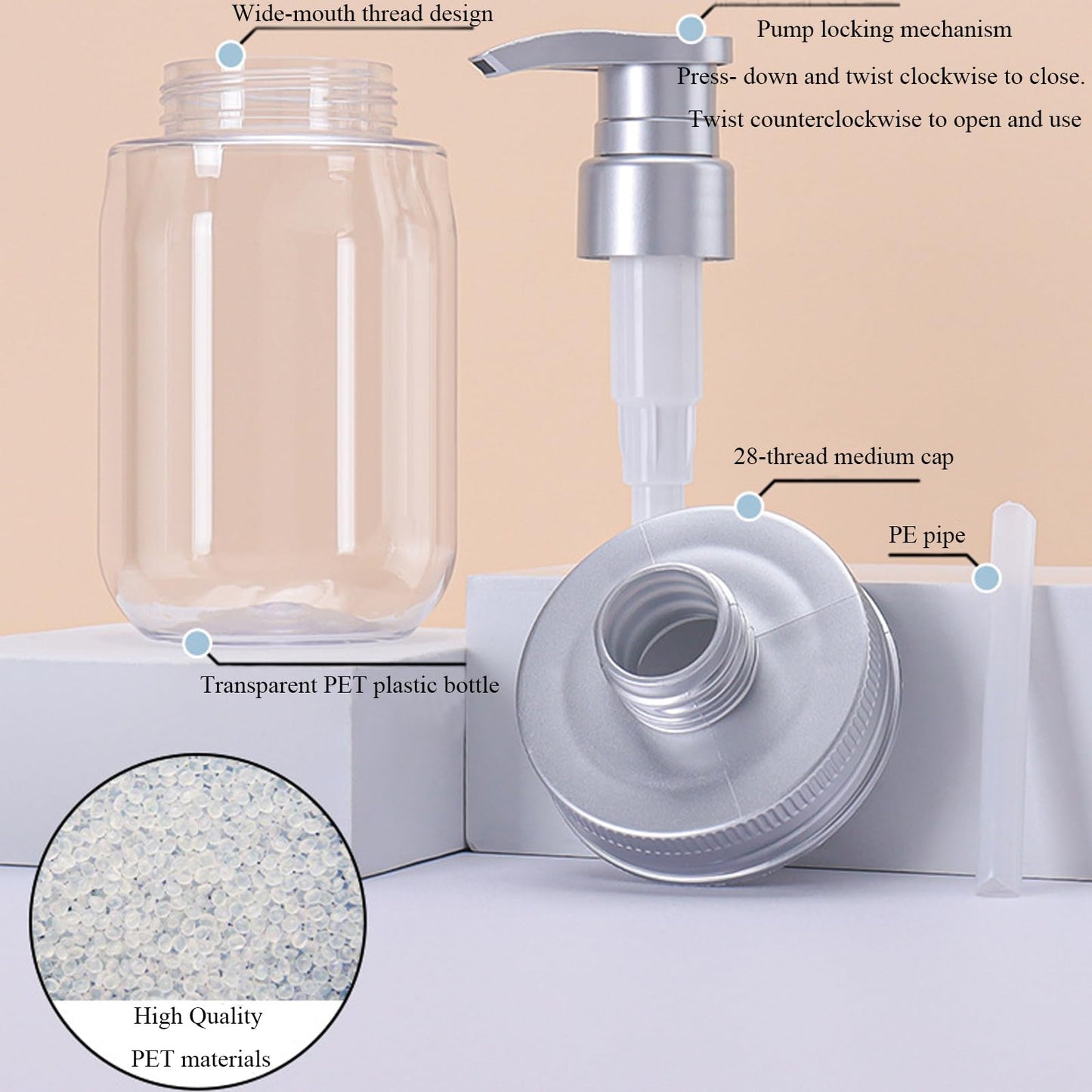 Qeuly 16oz Soap Dispenser, 2 Pack Plastic Pump Bottle Dispenser, Refillable Wide Mouth Jar Style Bathroom/Kitchen Containers for Shampoo, Conditioner, Body Wash, Lotion, Hand Soap & Dish Soap