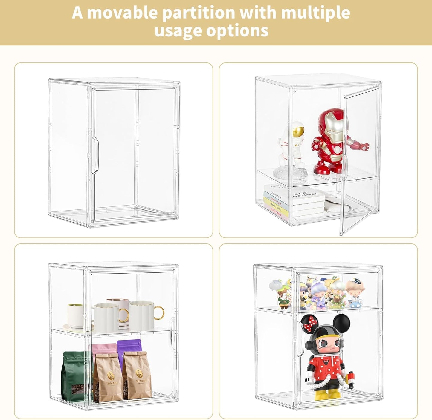 Attelite Acrylic Display Case for Collectibles, Clear Storage Bin with 3 Adjustable Layers, Stackable Storage Box with Magnetic Door for Figures, Home Office,Large,2 Tier Clear Storage Bin,4Pack
