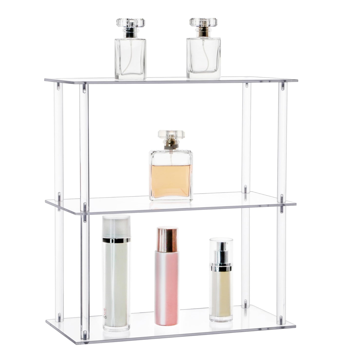 Jusalpha Rectangular 3 Tier Clear Acrylic Tabletop Display Stand，Bathroom Vanity Cosmetic Makeup Organization Shelves, Home Decor Display Stand (3 Tier, Rectangular)