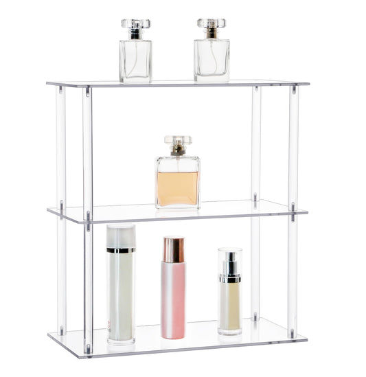 Jusalpha Rectangular 3 Tier Clear Acrylic Tabletop Display Stand，Bathroom Vanity Cosmetic Makeup Organization Shelves, Home Decor Display Stand (3 Tier, Rectangular)