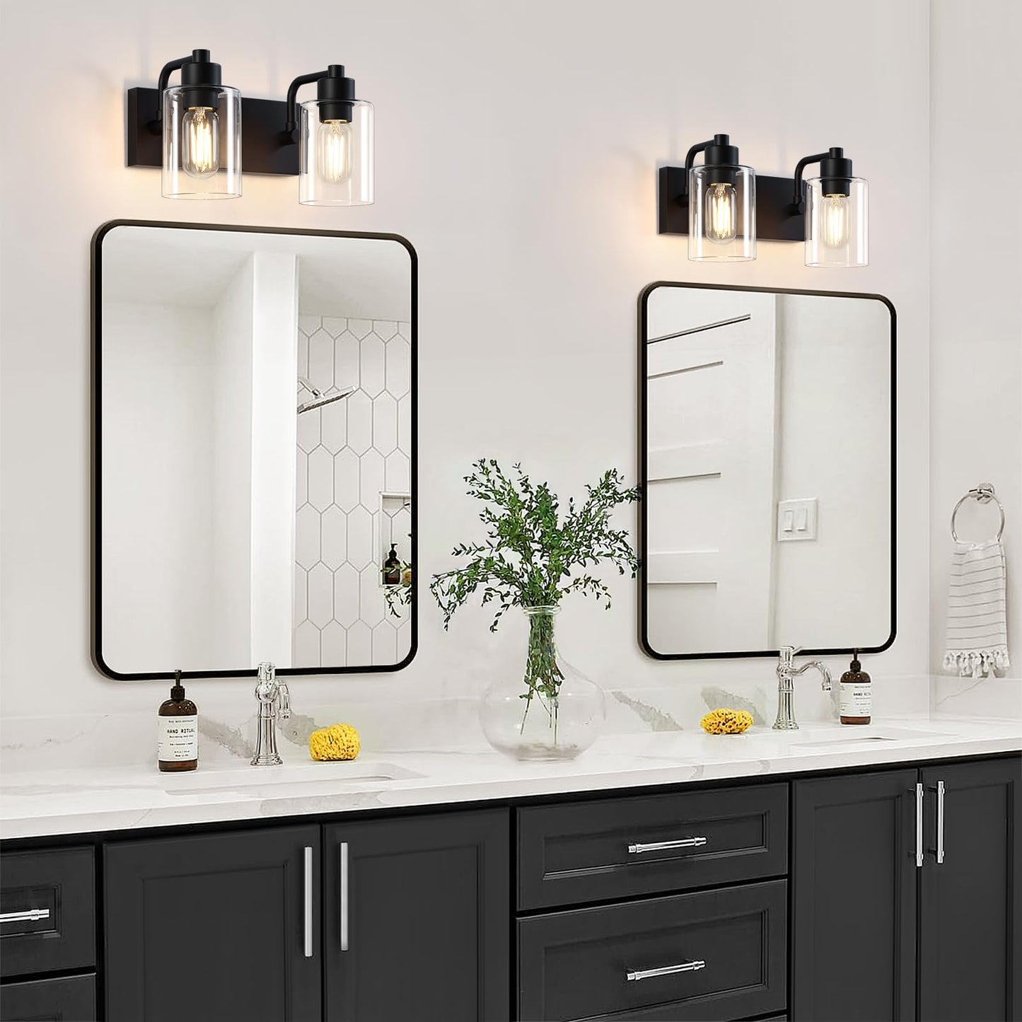 Dpyrrhic Matte Black 2-Light Bathroom Lights Over Mirror with Clear Glass Shade, Modern Bathroom Light Fixtures for Kitchen Living Room Bedroom Laundry Room