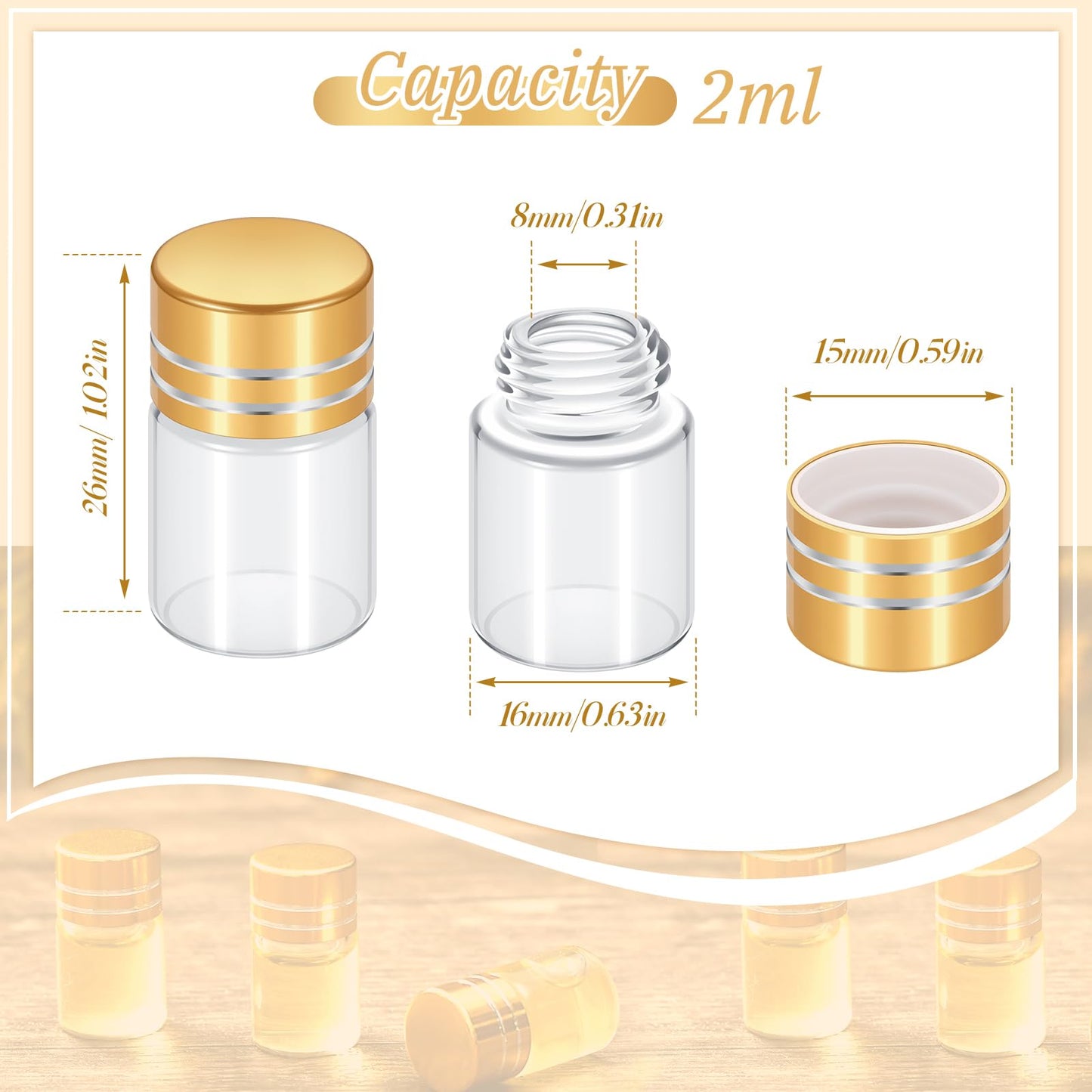 Didaey 50 Pcs Mini Glass Bottles with Screw Caps, Tiny Glass Jars with Lids, Small Clear Vial Containers, Empty Wishing Gift Bottles Jars Tiny Vials Containers for DIY Storage Art Craft (2ml,Gold)