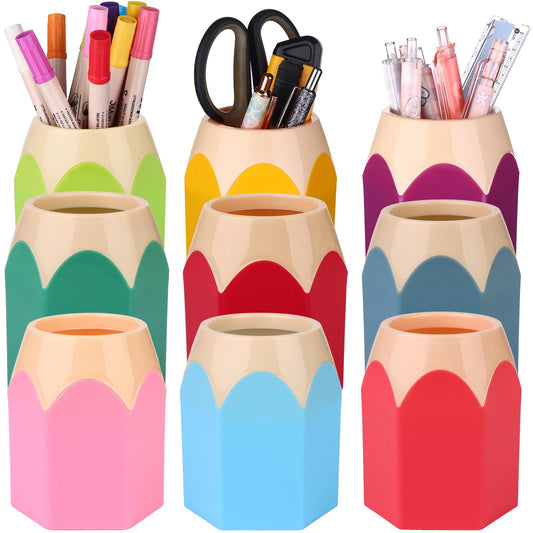 Youdaju 9 Pcs Pencil Shaped Pen Holders Pencil Storage Organizer Cute Plastic Pencil Holder for Desk Desktop Pen Cup Colorful Vase Pen Pot Makeup Brush Container Cartoon Stationery Rack for Office