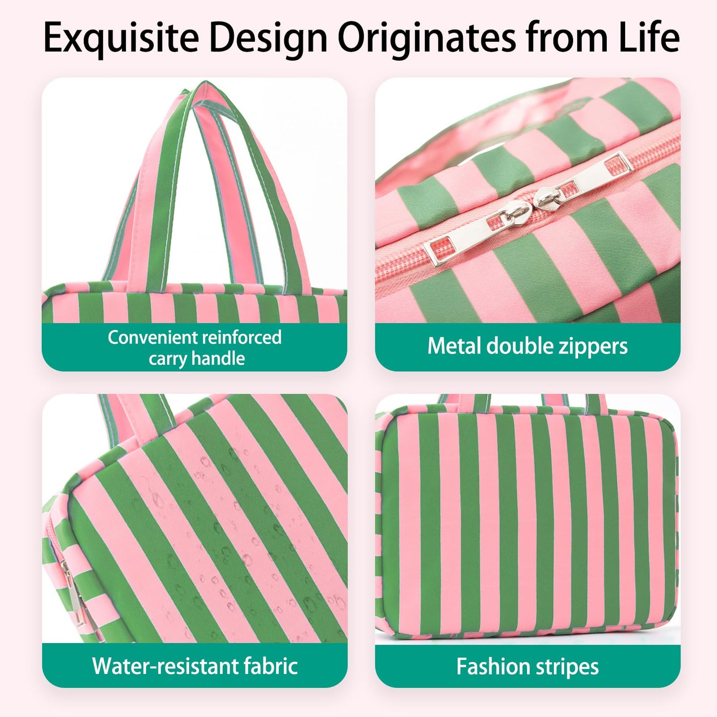Apxouans Toiletry Bag for Women Travel Water-resistant Cosmetic Bag Fashion Stripes Makeup Bag with Hanging Hook Preppy for Store Toiletries Cosmetic Accessories Medium Green