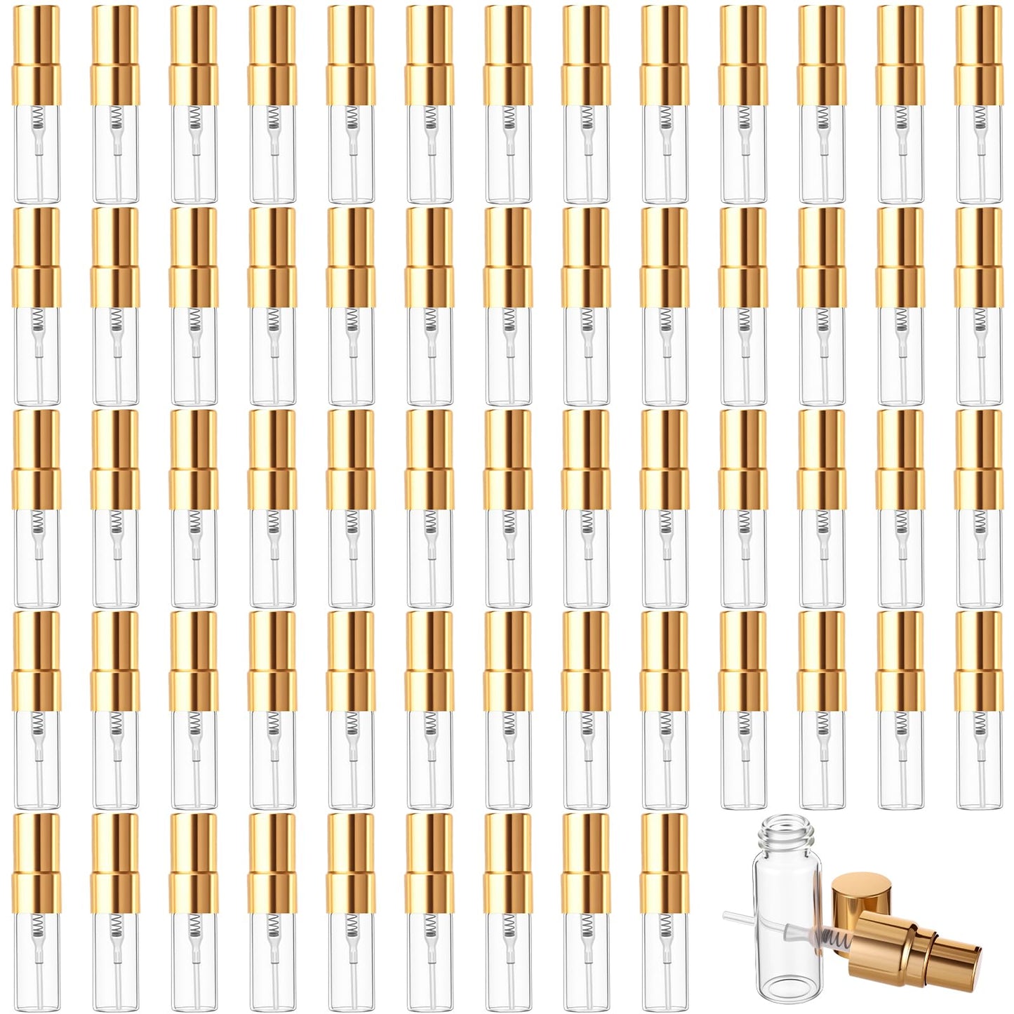 Dimeho 60 Pcs 3ml Fine Mist Atomizer Empty Glass Spray Bottle Refillable Perfume Travel Bottles Clear Portable Sample Containers with Gold Lids for Cleaning Essential Oils Makeup Liquid DIY Party