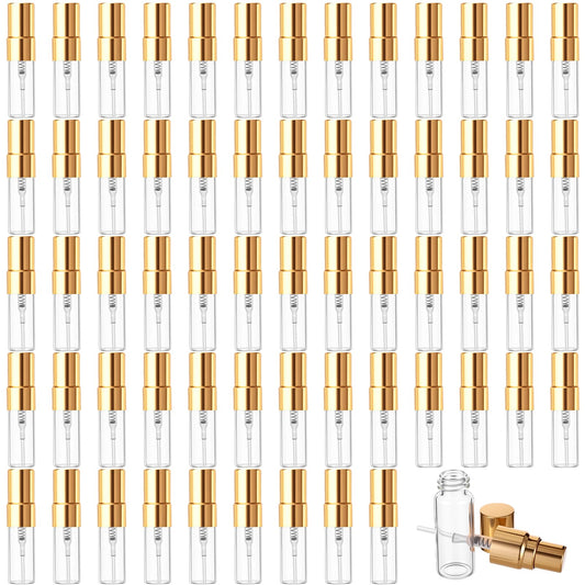 Dimeho 60 Pcs 3ml Fine Mist Atomizer Empty Glass Spray Bottle Refillable Perfume Travel Bottles Clear Portable Sample Containers with Gold Lids for Cleaning Essential Oils Makeup Liquid DIY Party