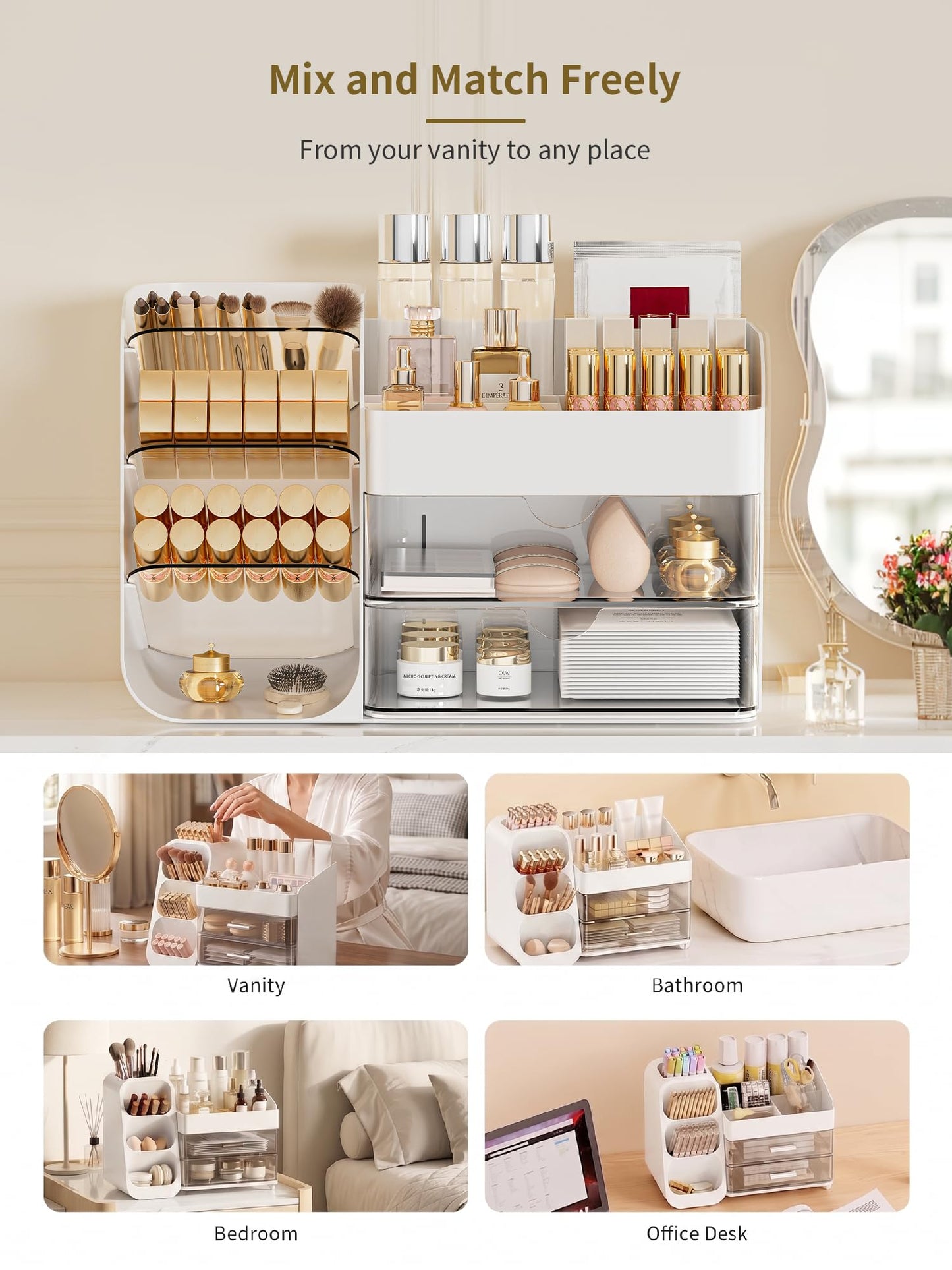 Booklov Makeup Organizer for Vanity, Countertop Cosmetic Display Case with Clear Acrylic Drawers, Bathroom Counter Beauty Caddy, Cute Table Storage Holder for Skincare, Brush Lipsticks, Crystal White