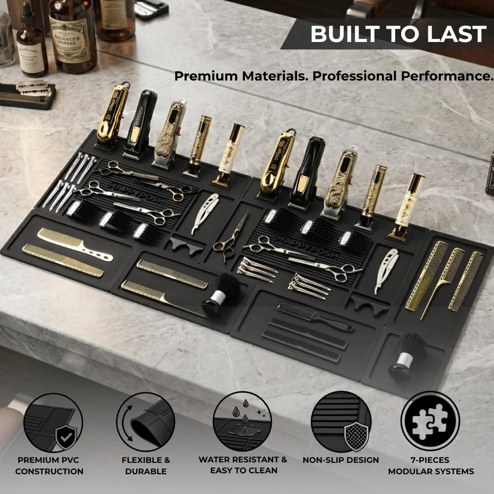 HAPPYPOSH Magnetic Barber Mats for Clippers, 7-Piece Modular Barber Station Organizer, Extra Large Barber Workstation Mat with 10 Strong Magnets, Non-Slip Professional Barber Tool Organizer