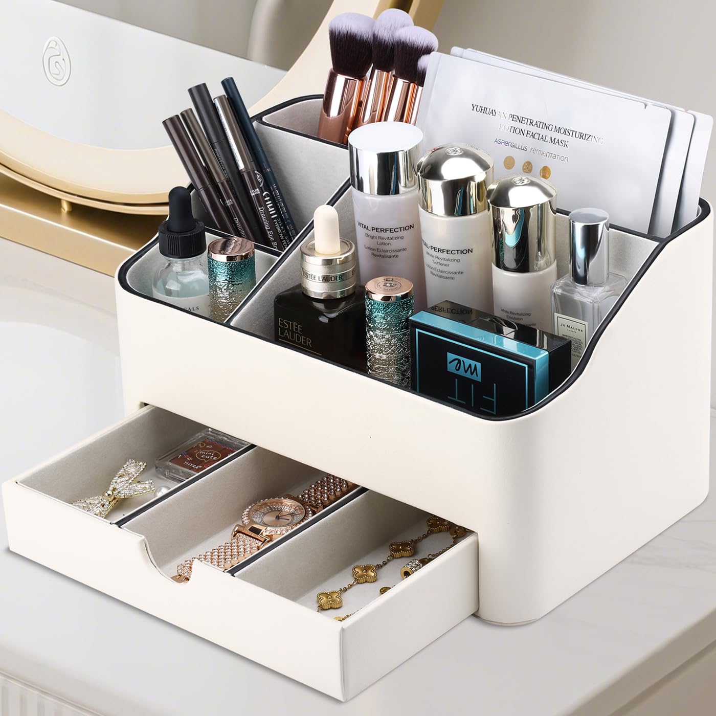 KINGFOM PU Leather Makeup Organizer with Drawer, Skincare Organizer for Vanity, Cosmetic Storage for Dresser Countertop, Beauty Holder for Lipstick Brush Skincare (Ivory White)