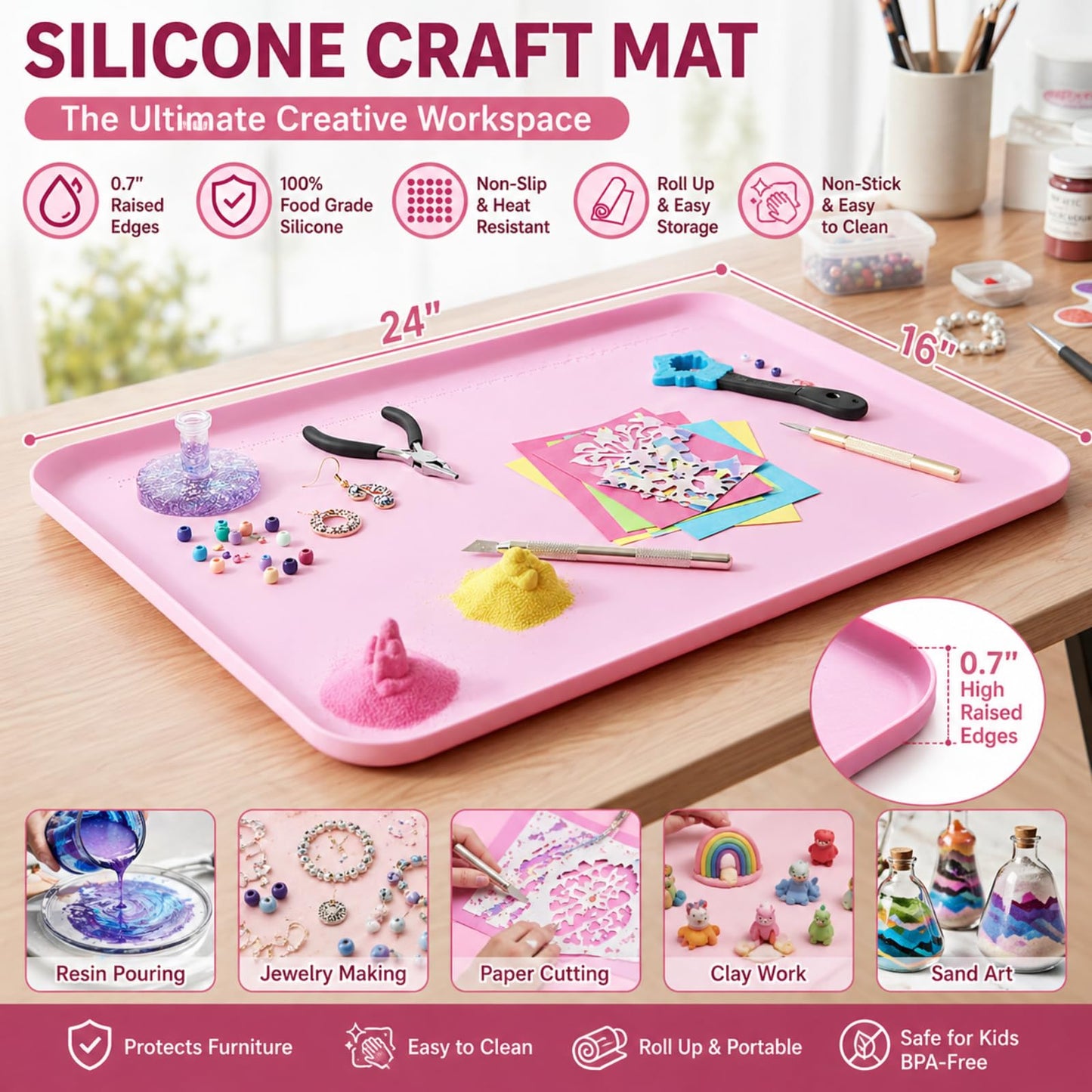 Silicone Mats for Crafts, 24" x 16" Silicone Craft Mat with 0.7" High Raised Edges to Contain Spills, Food Grade Large Painting Mat for Resin, Clay, Slime, Jewelry Making (Pink)